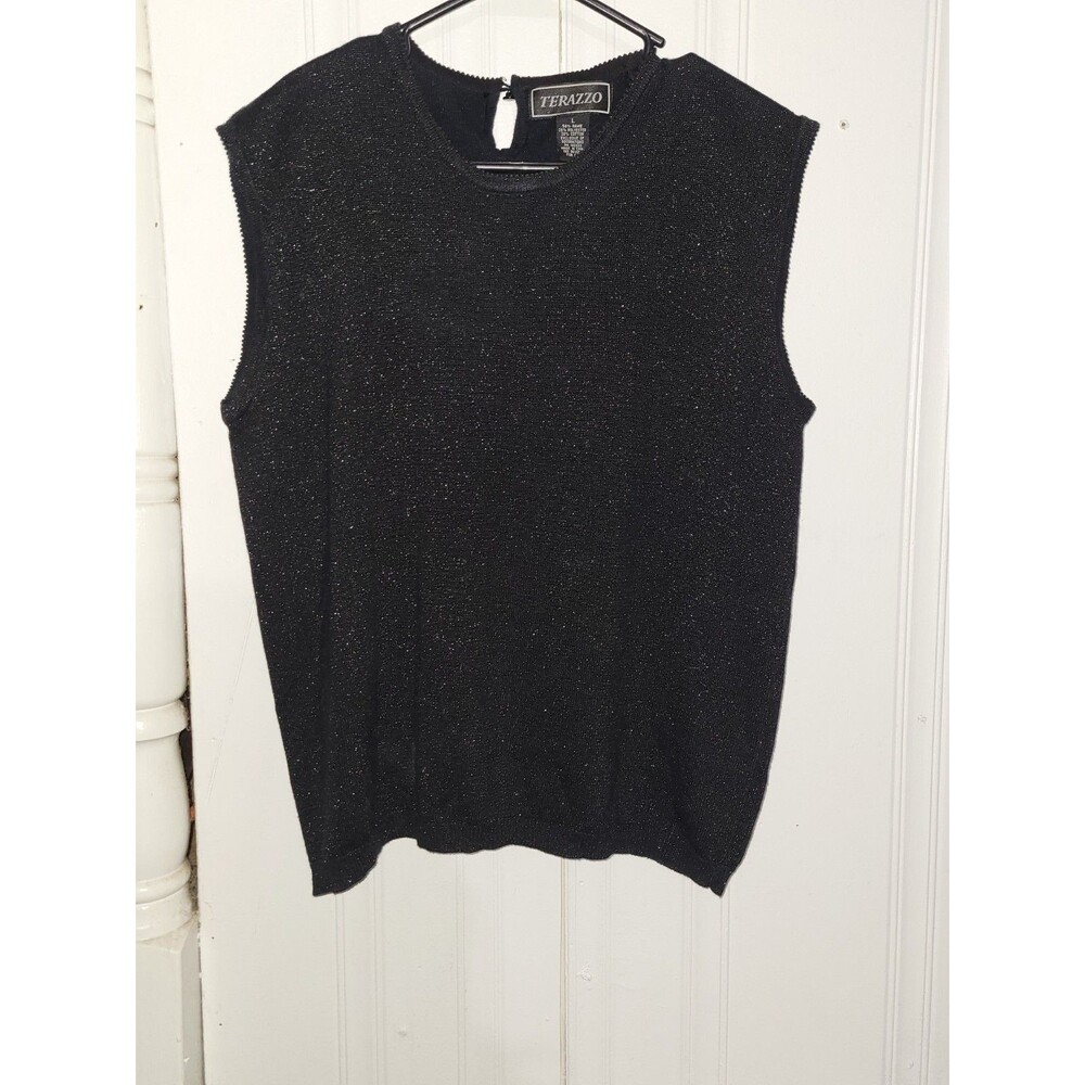 Vintage Terazzo Sweater Vest Short Sleeve Black Shinny Knit Cotton Size L (P36)